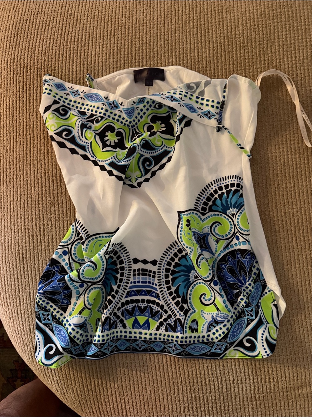 Hale Bob White Strapless Camisole with Blue & Green Medallion Print
